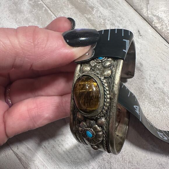 Tiger's Eye Turquenite cuff bracelet Tibetan Silver Nepalese Unisex - Picture 7 of 7